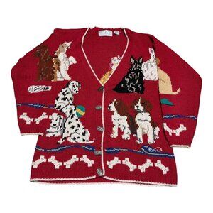 Vintage Design Options Dog Pets Red Ramie Cotton Cardigan Sweater Women’s Medium